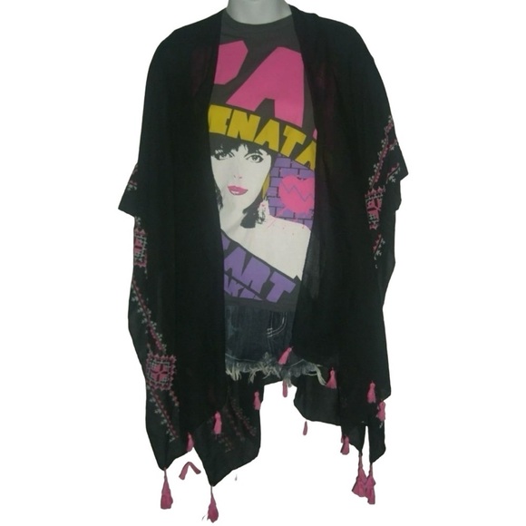 bebe Poncho Black Pink Embroidered Poms Concert Festival Bohemian Boho y2k Indie - Picture 1 of 11